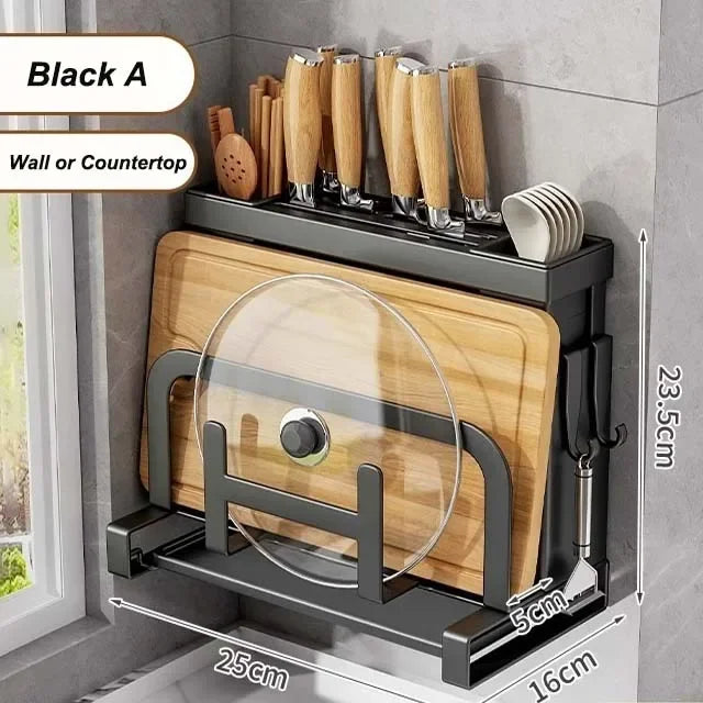 Knife, cutlery, lid, and chopping board all in 1 rack