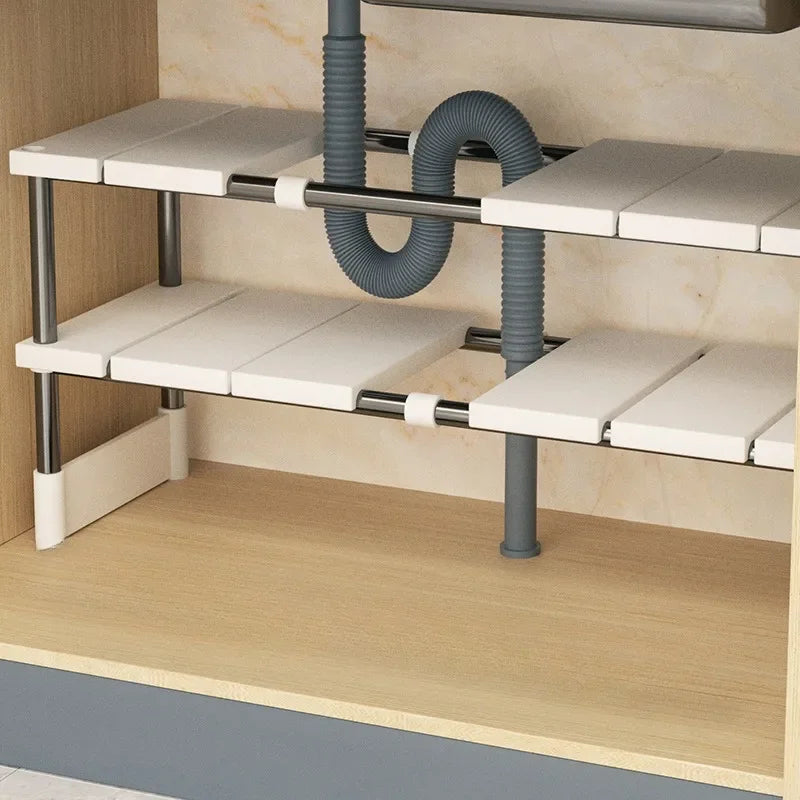Pipe dodging under sink shelving