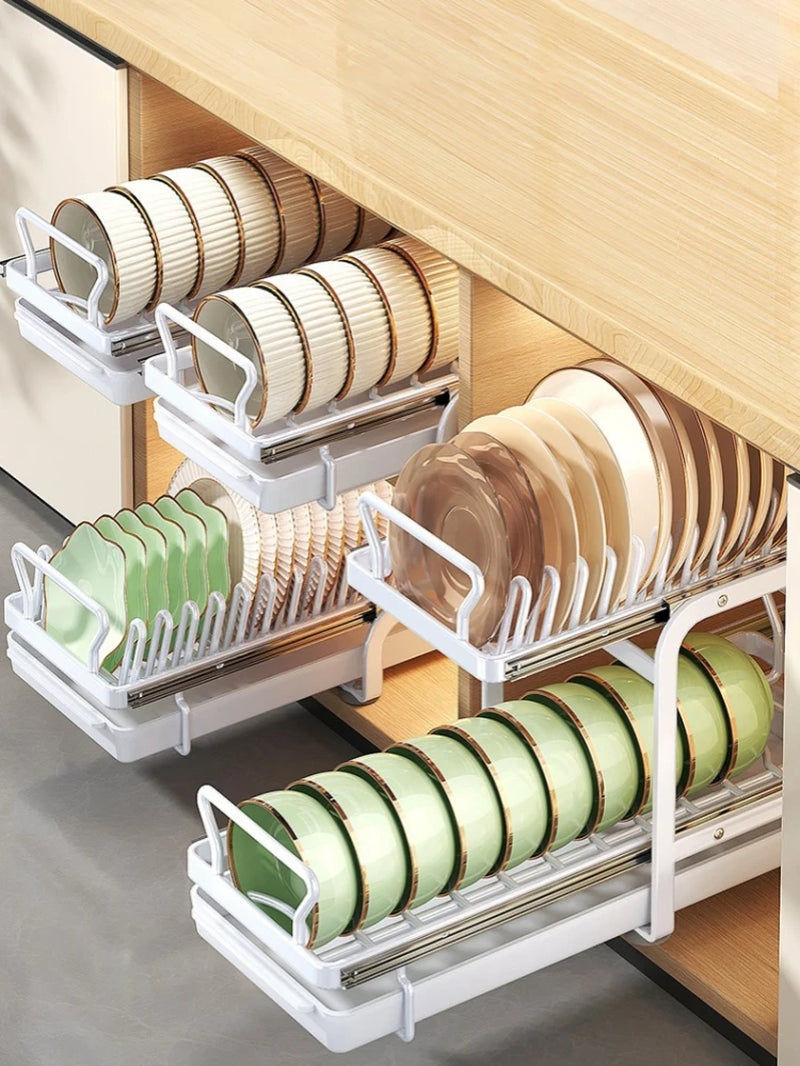 2 Tier Kitchen Plate Rack Pull Out Drawers