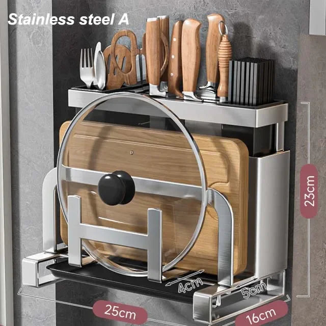Knife, cutlery, lid, and chopping board all in 1 rack
