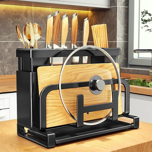 Knife, cutlery, lid, and chopping board all in 1 rack