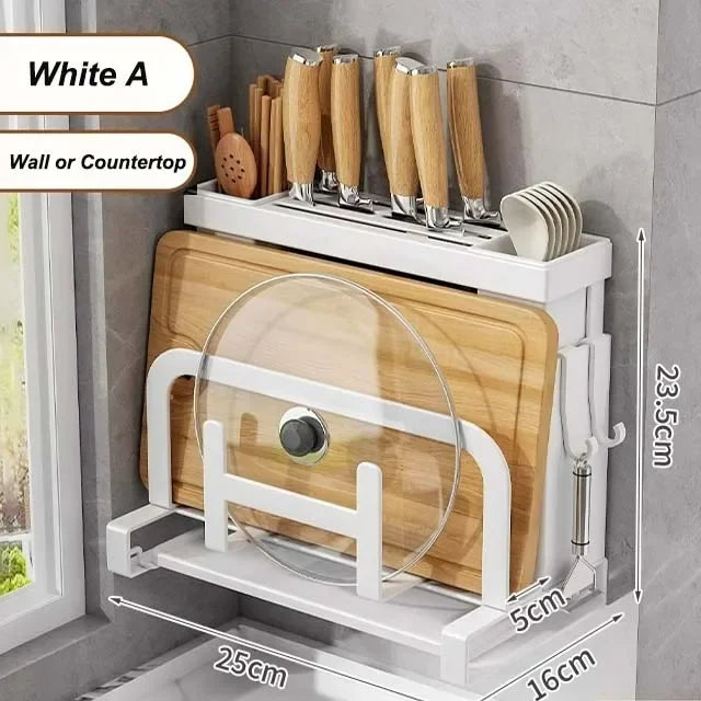 Knife, cutlery, lid, and chopping board all in 1 rack