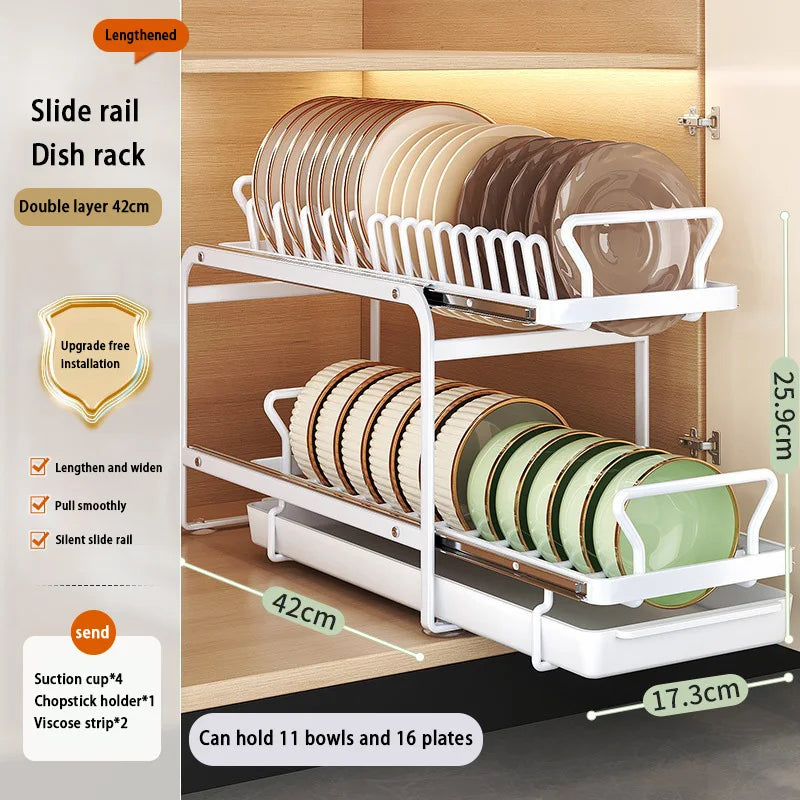 2 Tier Kitchen Plate Rack Pull Out Drawers